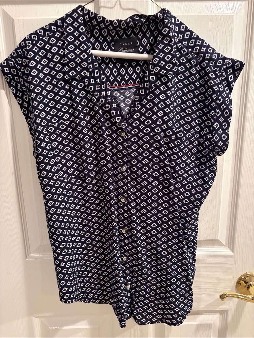 JACHS Girlfriend Navy and White Diamond-Print Button Down Shirt